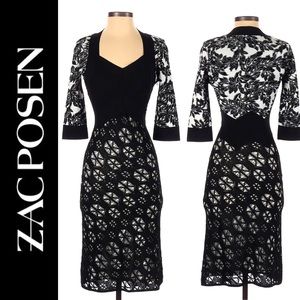 Zac Posen MIDI length form fitting 3/4 sleeve floral black and white dress